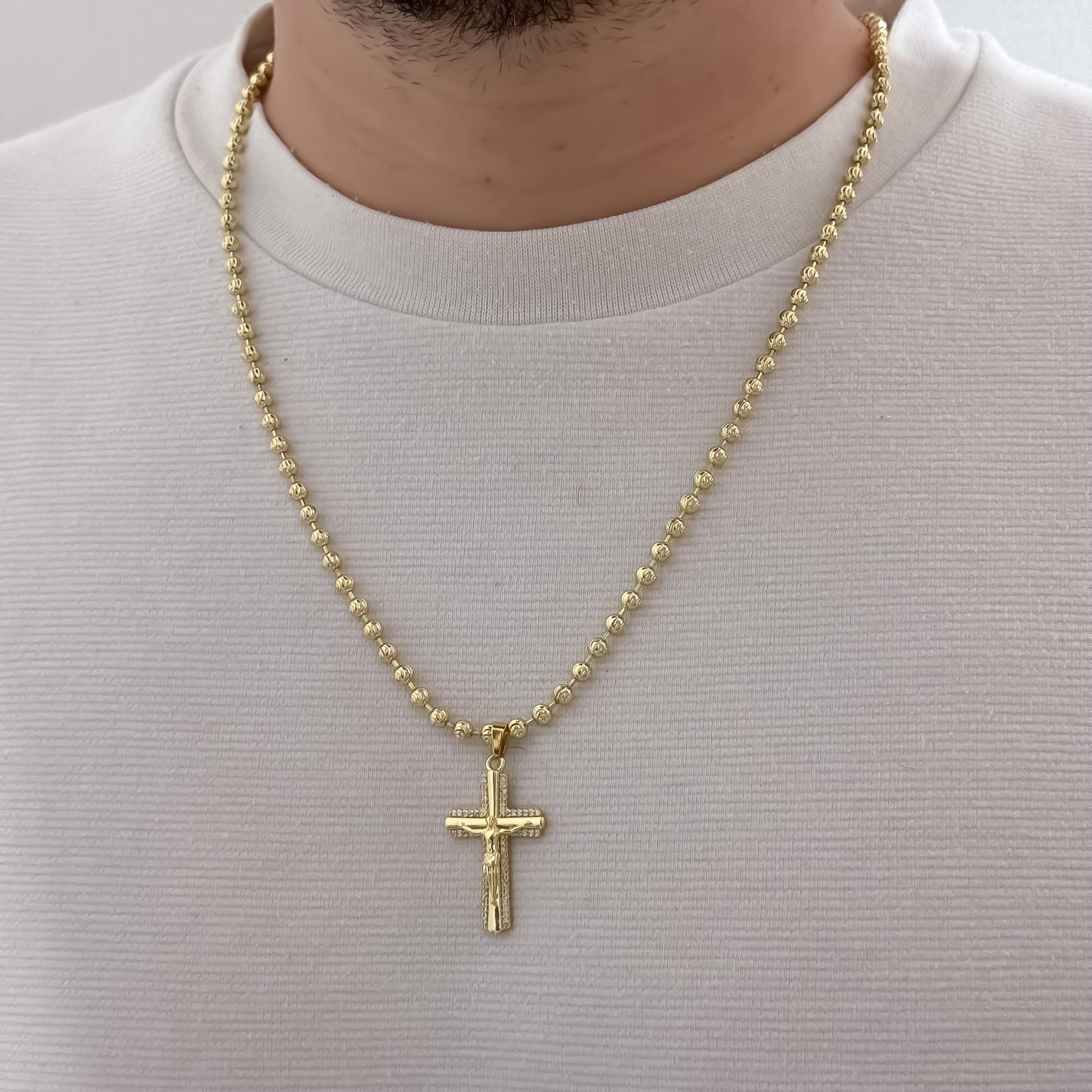 Cadena Tejido Militar Diamantada de 60cm de 4mm de Grosor en Balin Italiano + Cruz Cristo Madero con micro circones en Oro Laminado 18k con Garantía de por vida