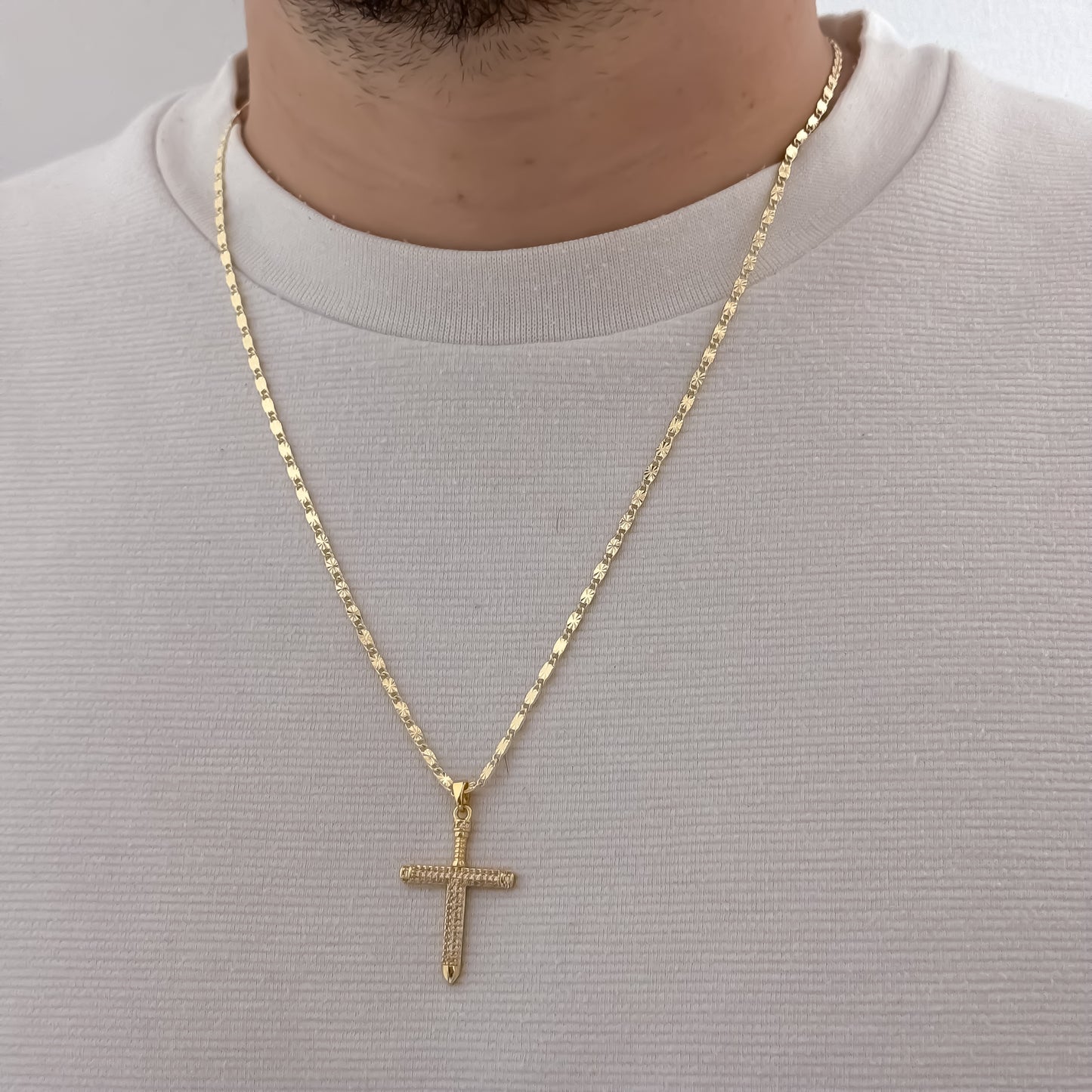 Cadena Tejido Escalera Con Destello de 60cm + Cruz Clavo con Micro circones en Oro de 10k con Garantía de por vida