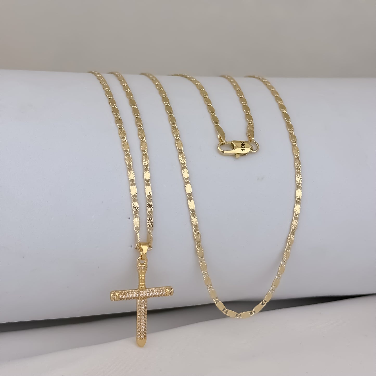 Cadena Tejido Escalera Con Destello de 60cm + Cruz Clavo con Micro circones en Oro de 10k con Garantía de por vida