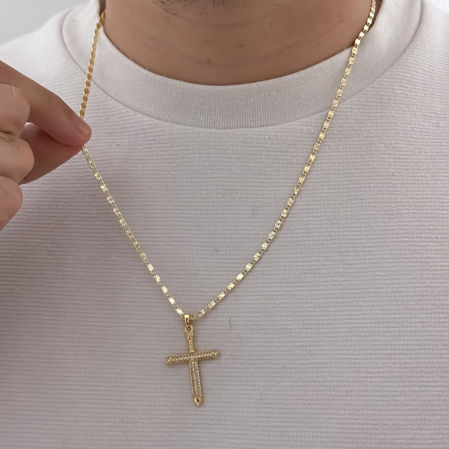 Cadena Tejido Escalera Con Destello de 60cm + Cruz Clavo con Micro circones en Oro de 10k con Garantía de por vida