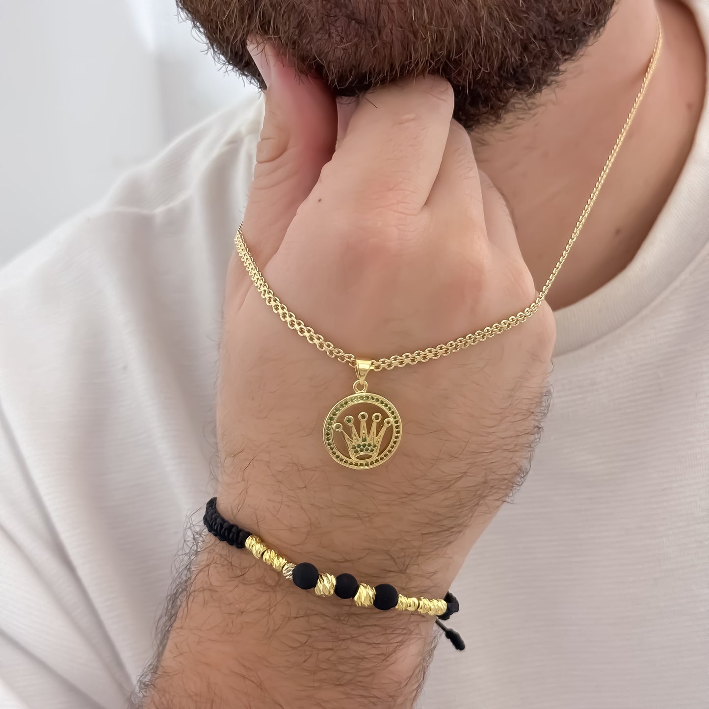 Juego de Cadena Tejido Chino de Hombre de 60cm de 3mm de Grosor + Dije de Corona Rolex con micro circones Verde + Pulseras Balin italiano de 4mm y 5mm en Oro de 10k con Garantía de por vida