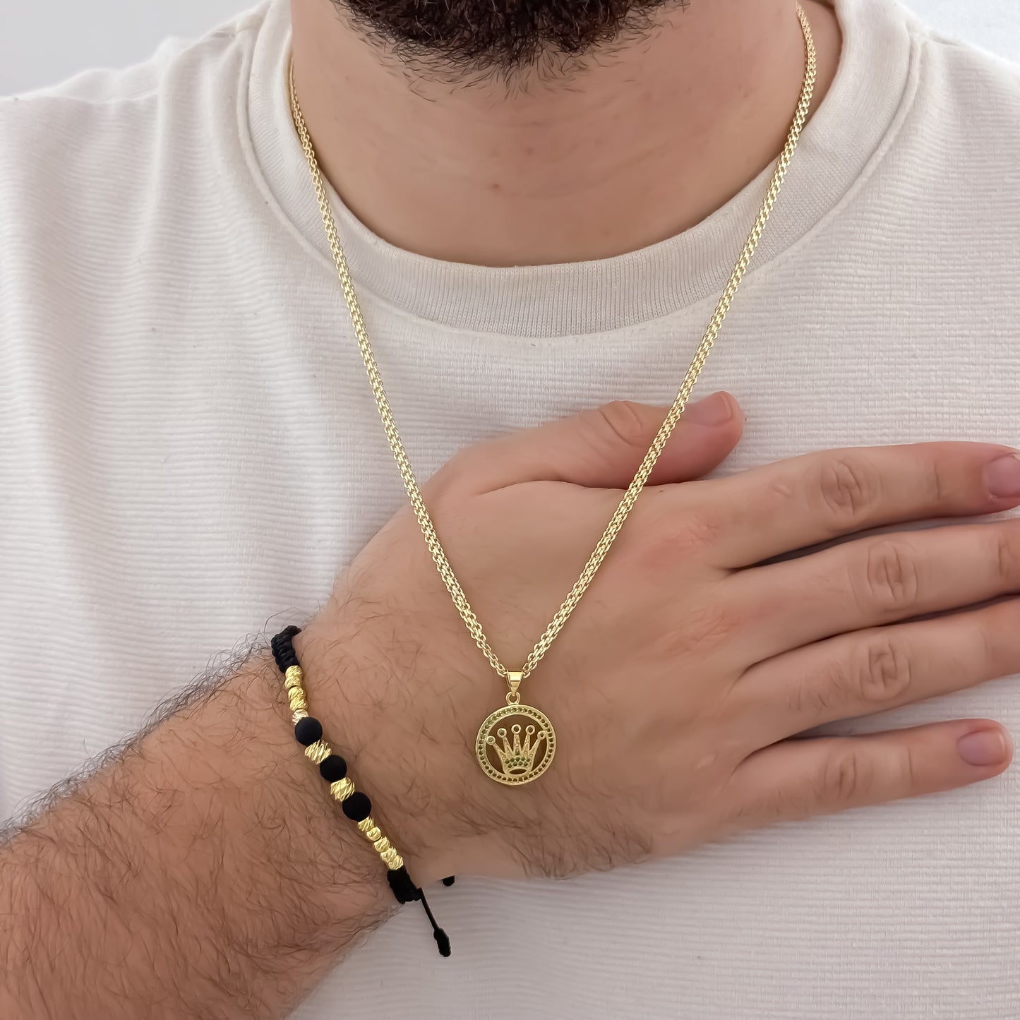 Juego de Cadena Tejido Chino de Hombre de 60cm de 3mm de Grosor + Dije de Corona Rolex con micro circones Verde + Pulseras Balin italiano de 4mm y 5mm en Oro de 10k con Garantía de por vida