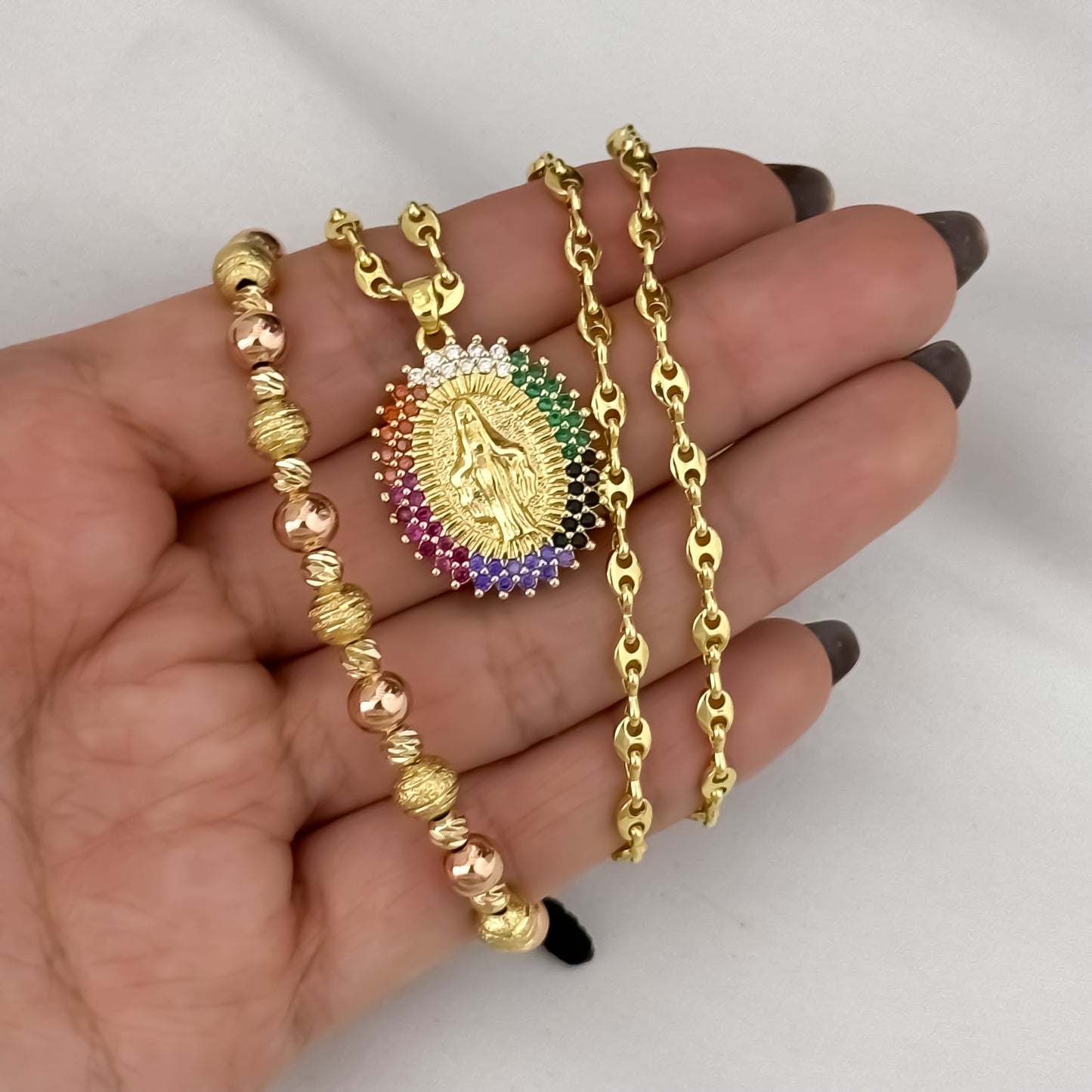 Cadena Tejido Gucci de Dama de 45cm de 3mm + Virgen Milagrosa con Circones de Colores + Pulsera Diamantada con Oro Rosa en ORO 10K con Garantía de por vida