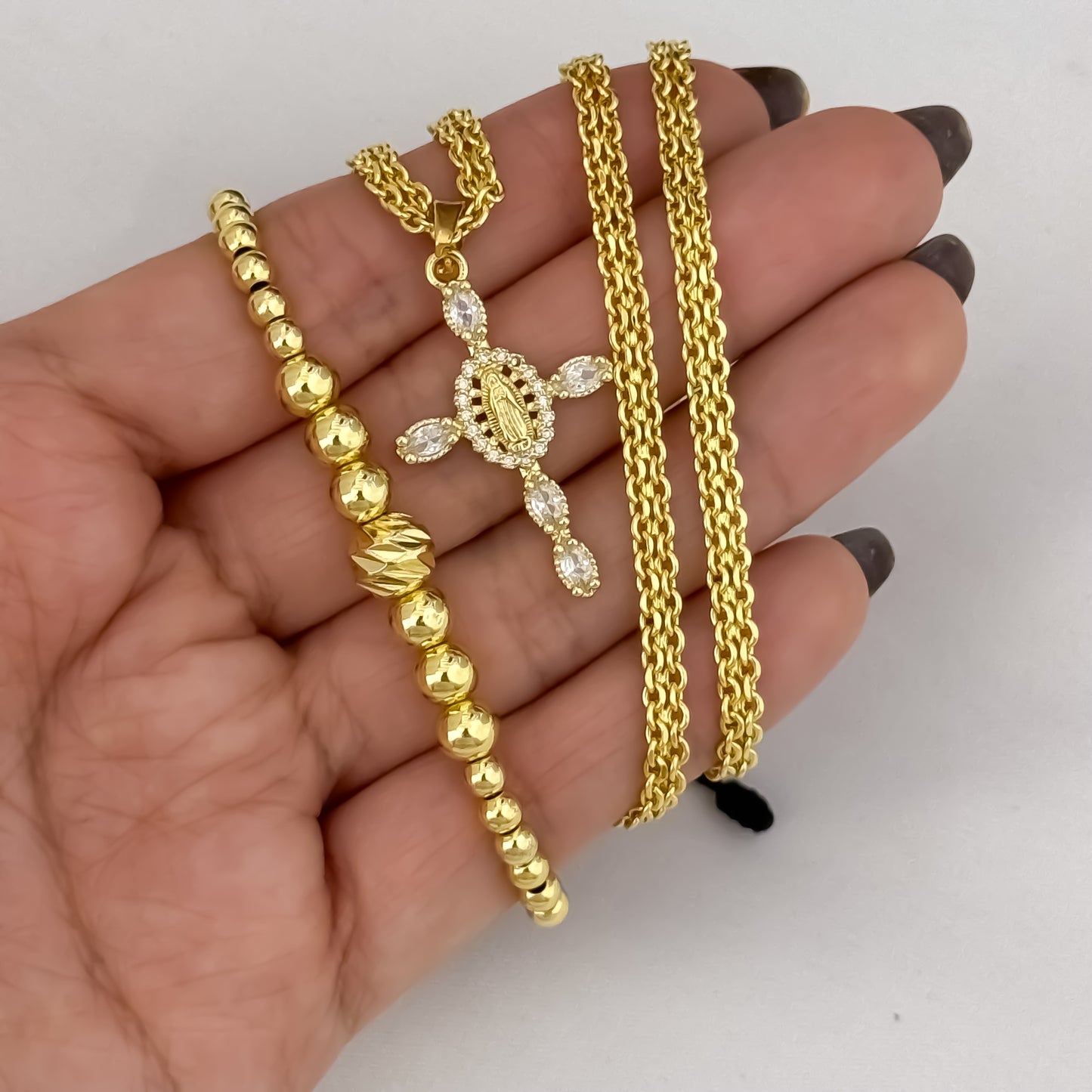 Cadena Tejido Chino de Dama + Cruz Virgen de Guadalupe con Micro circones Blanco + Pulseras en balin de 4mm 5mm 6mm en Oro de 10k con Garantia de por vida tiene mismo color de Oro Macizo