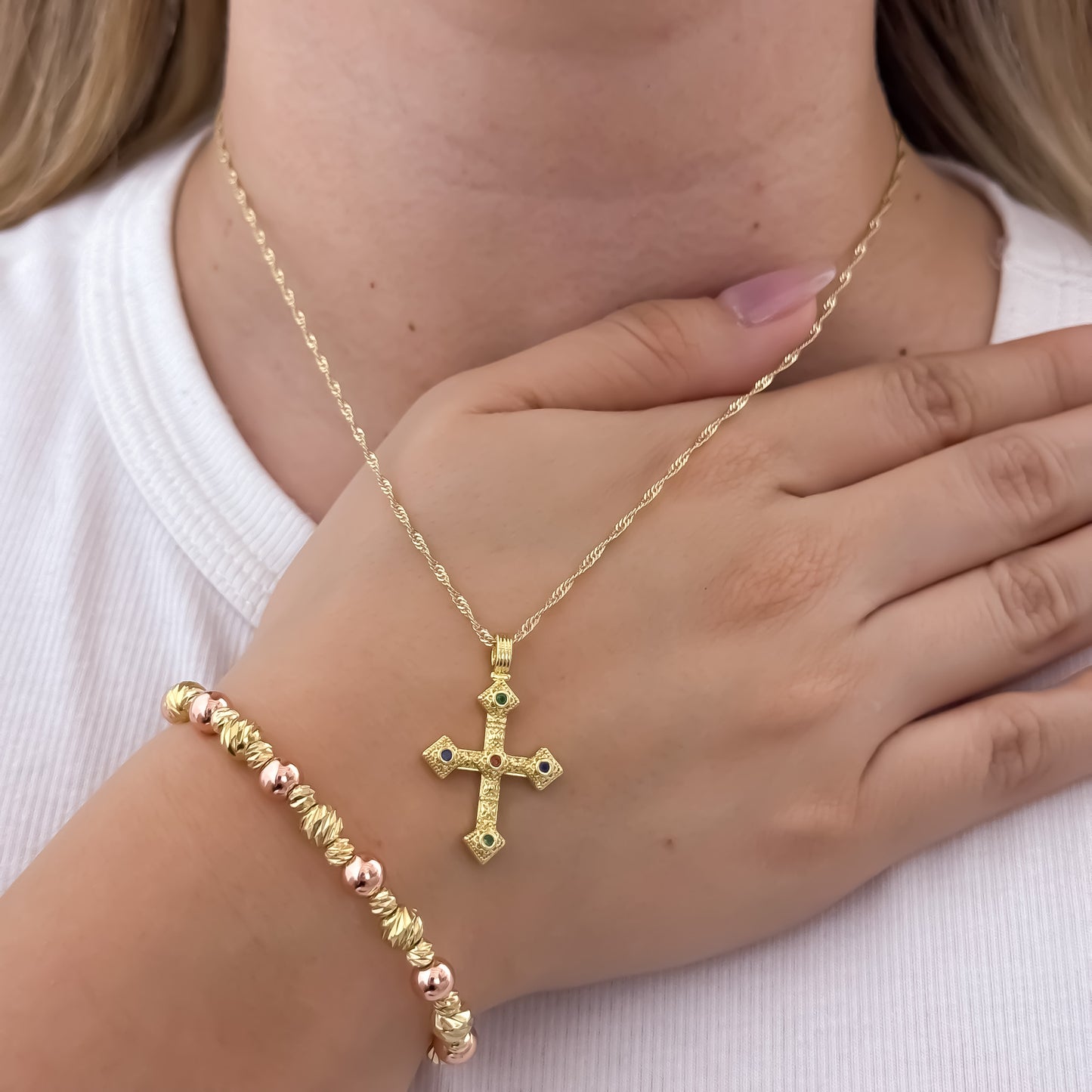 Cadena Tejido Singapur de Dm de 45cm + Cruz con micro circones de colores + Pulsera balin italiano de 4mm en Oro Rosa en oro Laminado 18k con Garantia de por vida