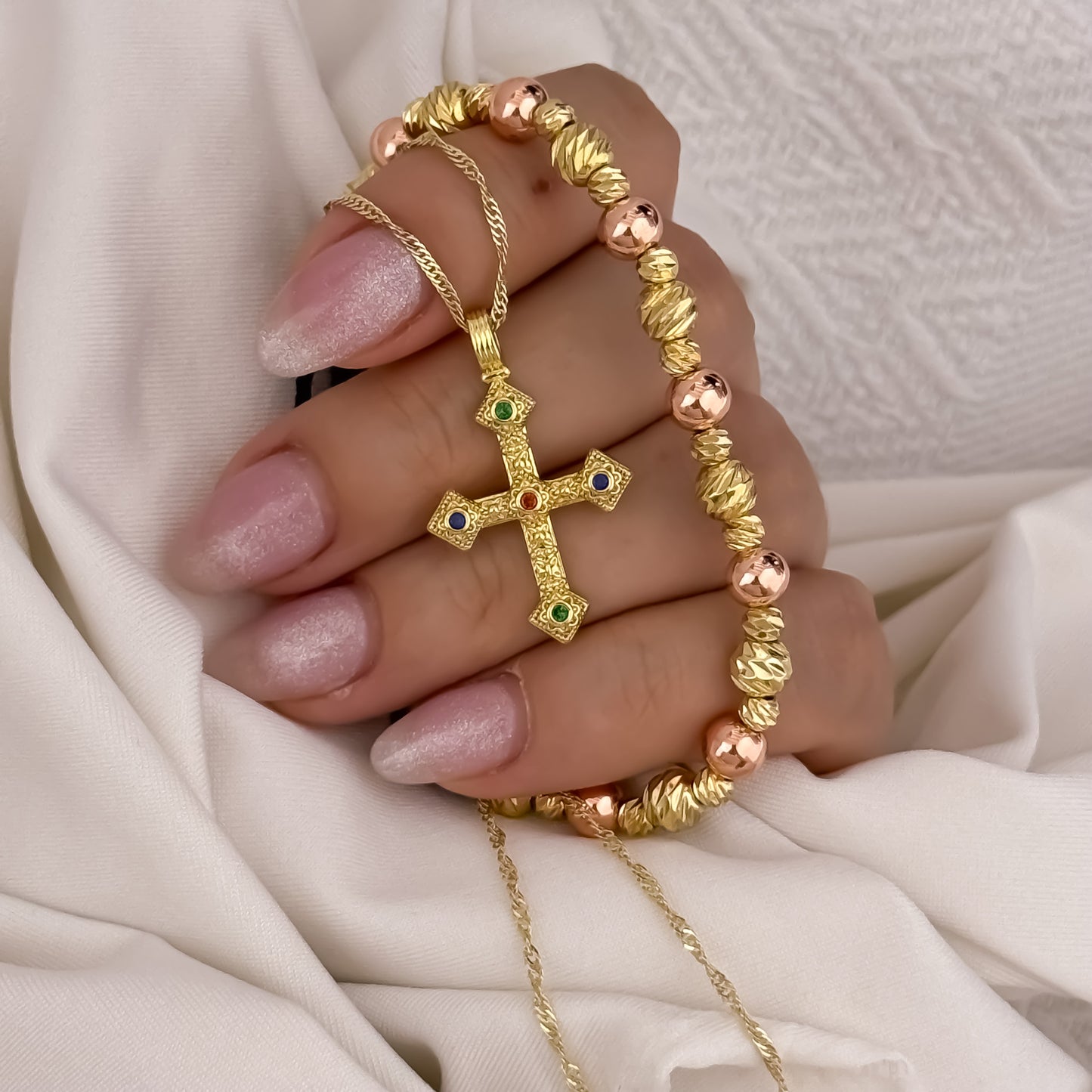 Cadena Tejido Singapur de Dm de 45cm + Cruz con micro circones de colores + Pulsera balin italiano de 4mm en Oro Rosa en oro Laminado 18k con Garantia de por vida