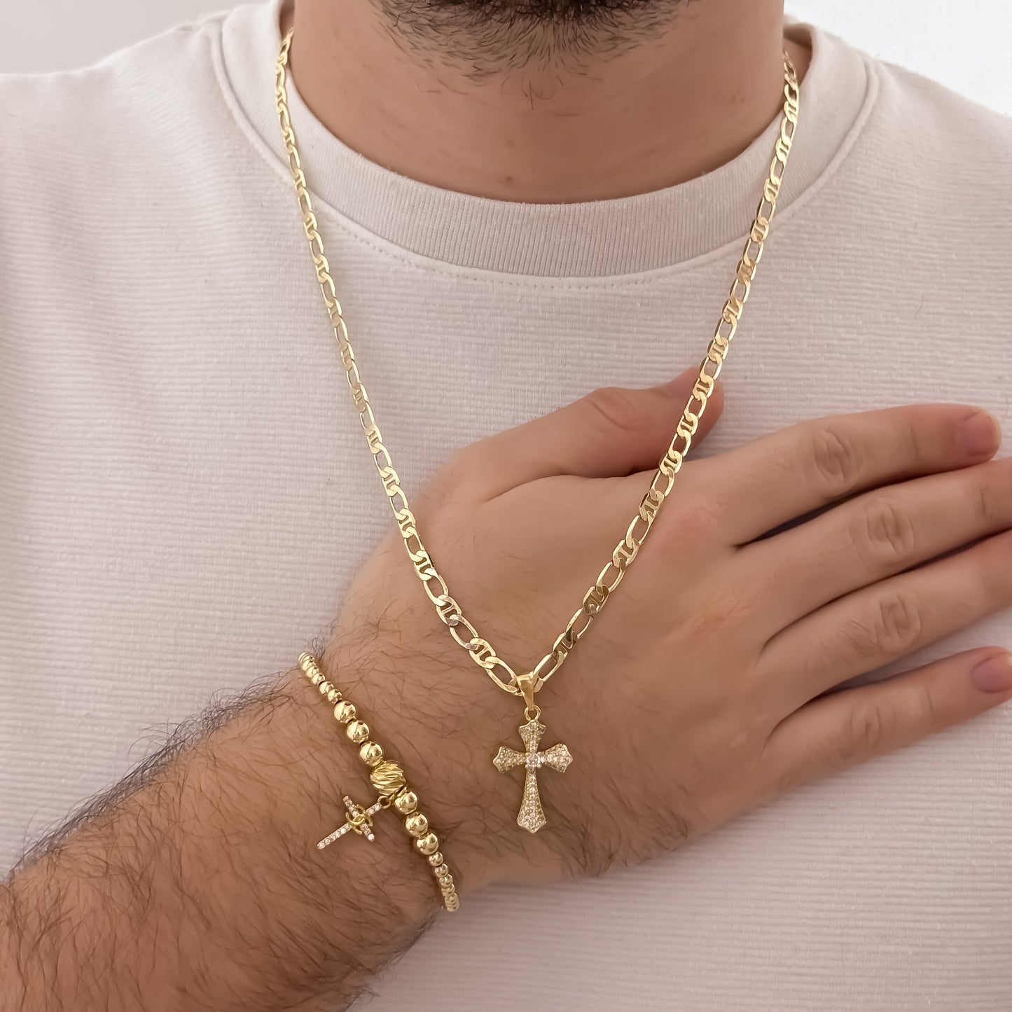Cadena Tejido 1 x 1 de Hombre de 60cm de 5mm + Cruz Cristo Madero con Micro Circones + Pulsera Full Balines Cruz en Oro Laminado 18k con Garantia de por vida