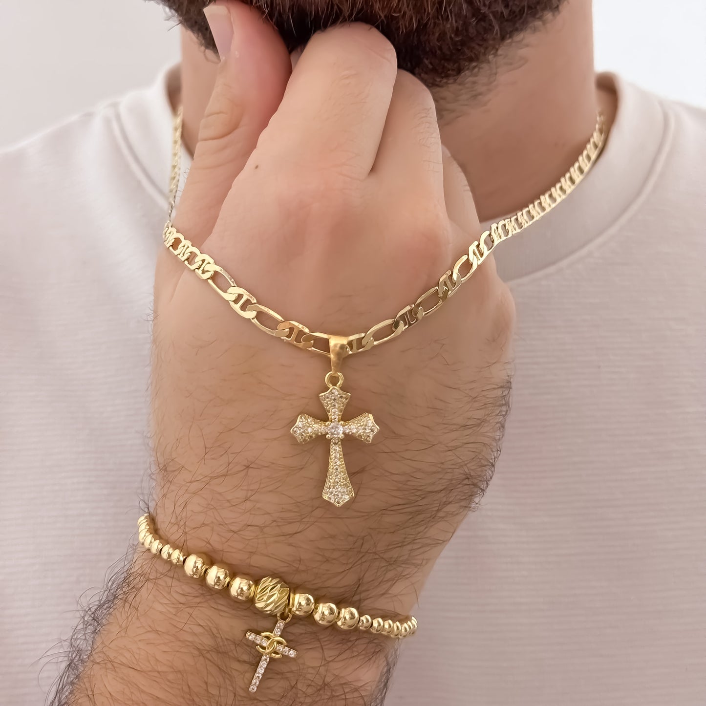 Cadena Tejido 1 x 1 de Hombre de 60cm de 5mm + Cruz Cristo Madero con Micro Circones + Pulsera Full Balines Cruz en Oro Laminado 18k con Garantia de por vida