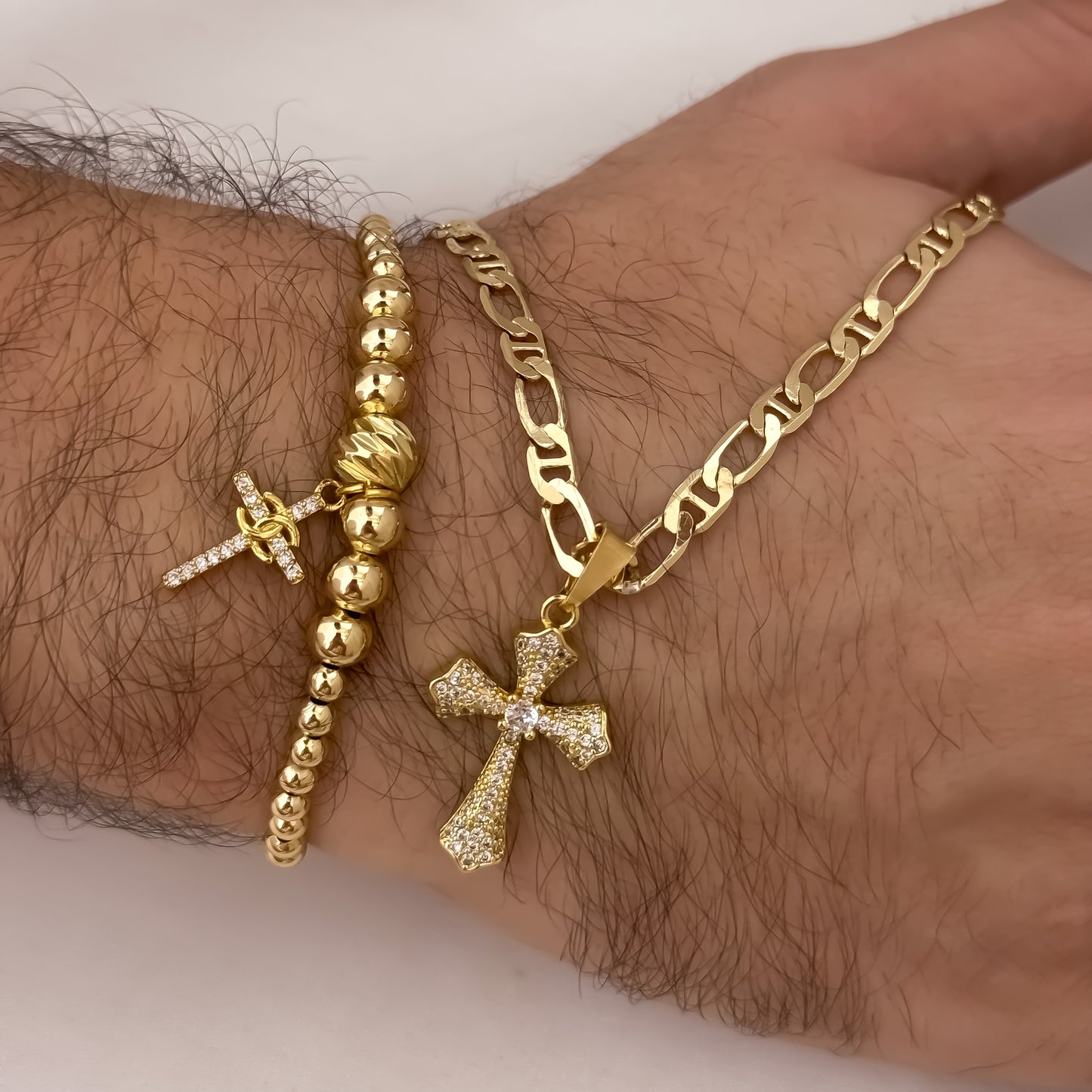 Cadena Tejido 1 x 1 de Hombre de 60cm de 5mm + Cruz Cristo Madero con Micro Circones + Pulsera Full Balines Cruz en Oro Laminado 18k con Garantia de por vida