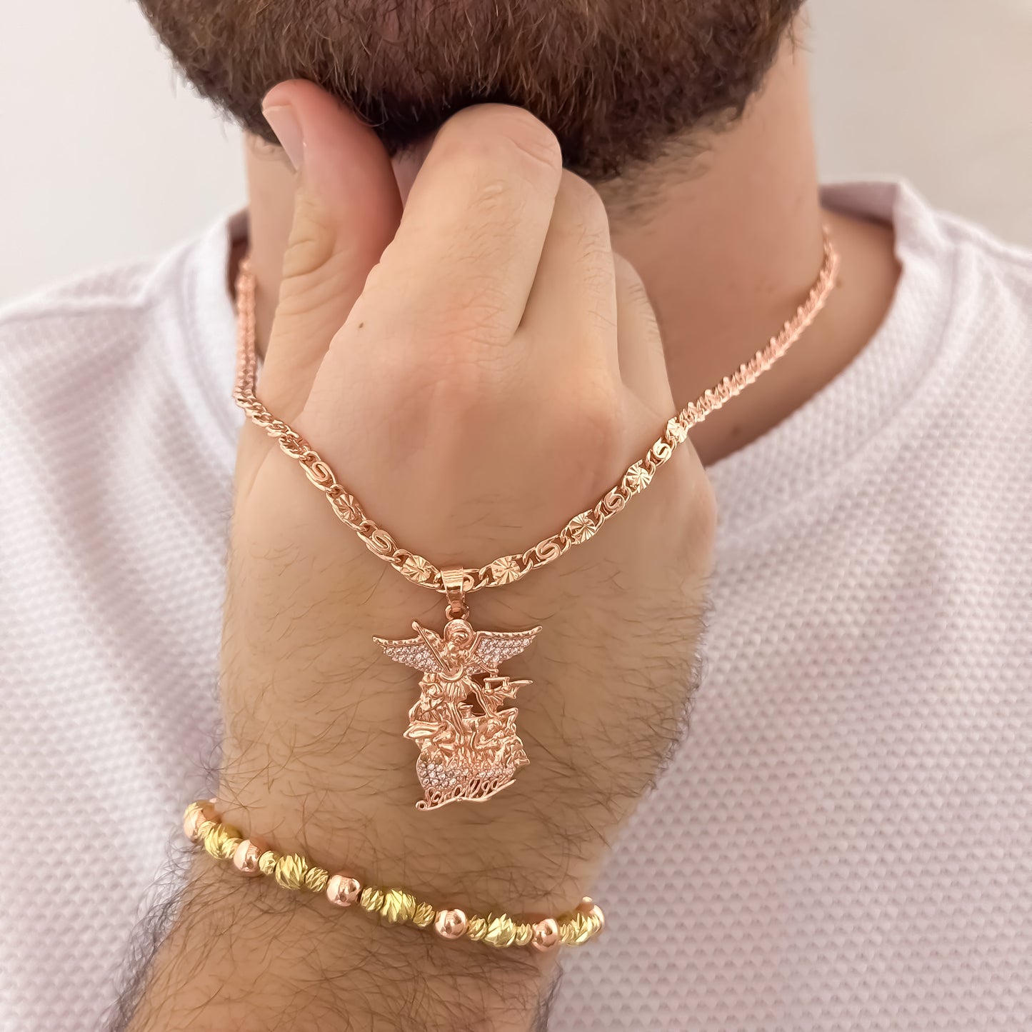Cadena Tejido Caracol 60cm de 4mm + San Miguel Arcangel en Oro Rosa Laminado 18k + Pulsera Balin italiano de 5mm en Oro Ros con Garantia de por vida