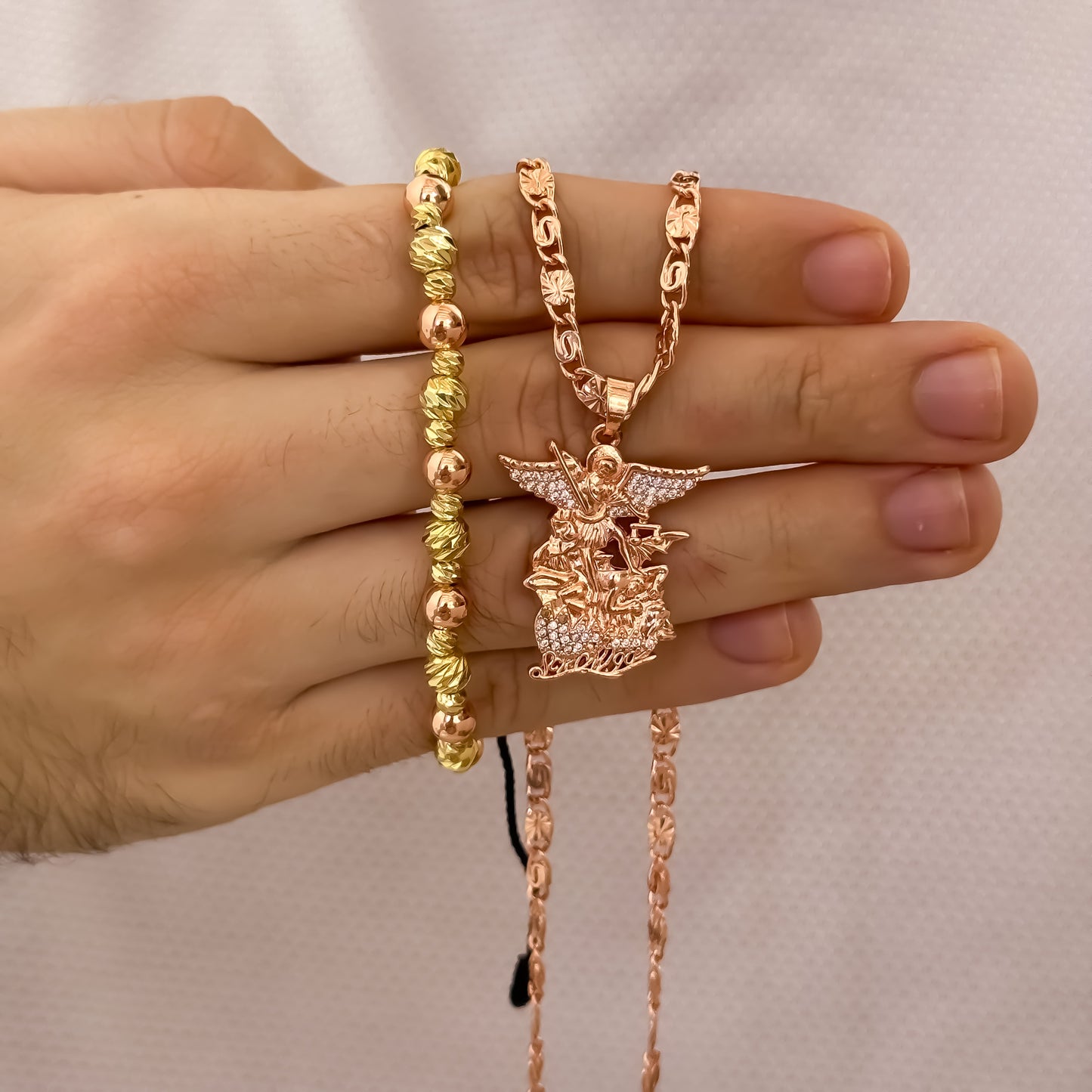 Cadena Tejido Caracol 60cm de 4mm + San Miguel Arcangel en Oro Rosa Laminado 18k + Pulsera Balin italiano de 5mm en Oro Ros con Garantia de por vida