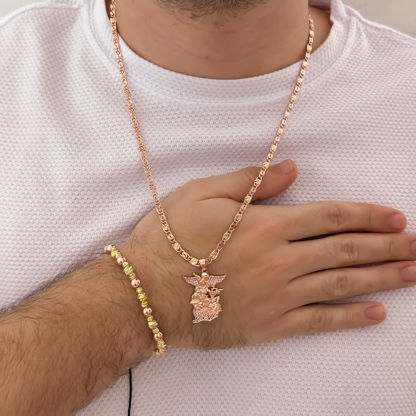 Cadena Tejido Caracol 60cm de 4mm + San Miguel Arcangel en Oro Rosa Laminado 18k + Pulsera Balin italiano de 5mm en Oro Ros con Garantia de por vida