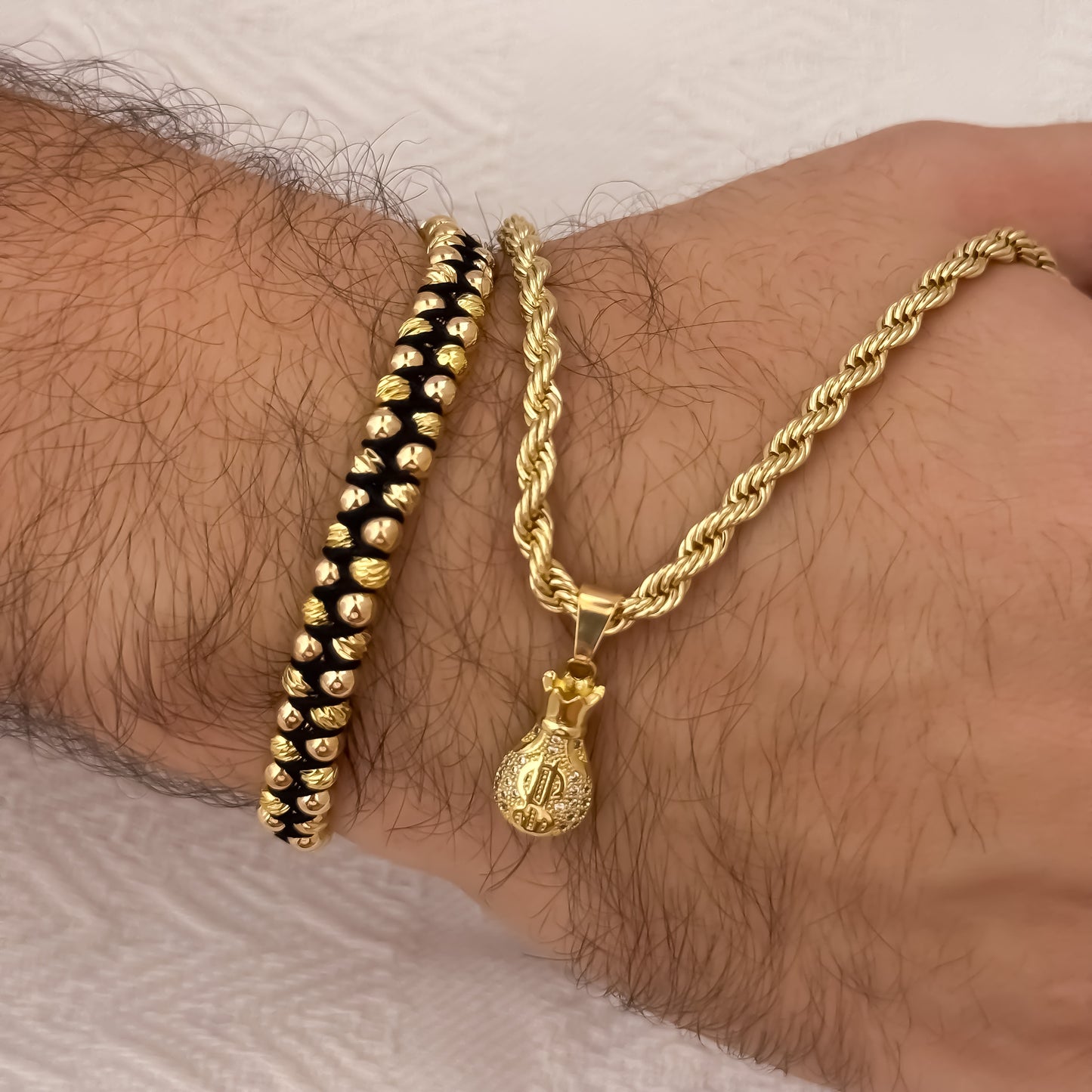 Cadena Tejido Lazo Siciliano de 60cm de 5mm + Dije de Bolsa de Dinero con Micro Circones + Pulsera Doble Carril Italiano de 5mm en Oro laminado 18k con Garantía de por vida