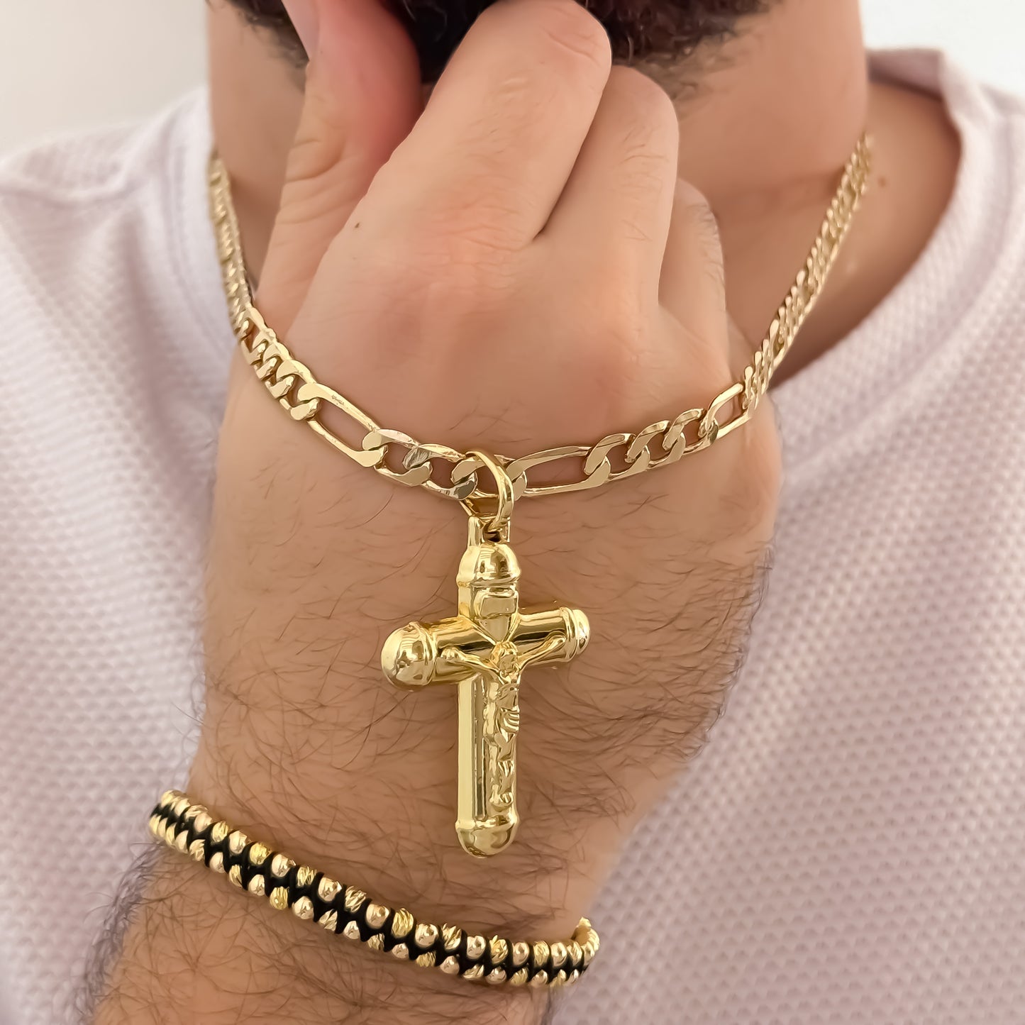 Cadena Tejido Catier de Hombre de 60cm de 5mm + Cruz Cristo Madero Protección + Pulsera Doble Carril en Balin italiano de 4mm en Oro Laminado 18k con Garantia de por vida