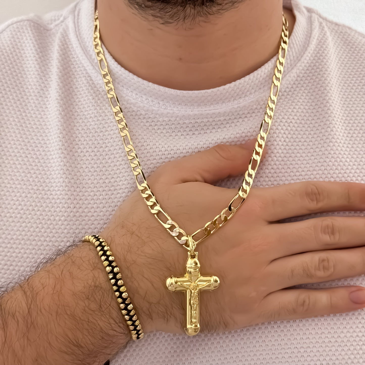 Cadena Tejido Catier de Hombre de 60cm de 5mm + Cruz Cristo Madero Protección + Pulsera Doble Carril en Balin italiano de 4mm en Oro Laminado 18k con Garantia de por vida