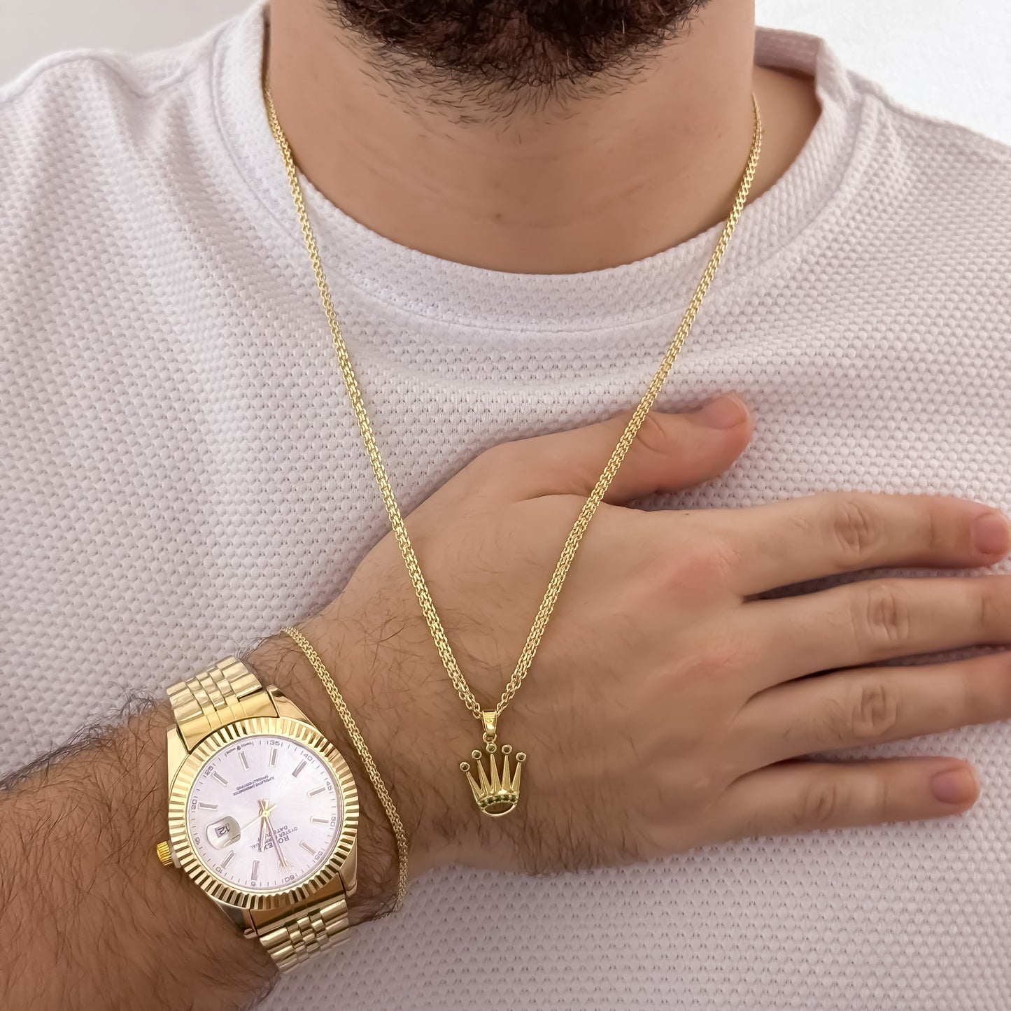 Cadena Tejido Chino Hombre de 60cm de 60cm de 3mm + Corona Rolex con Micro Circones verde + Pulsera Tejido Chino 20cm de 3mm en Oro Laminado 18k con Garantia de por vida + Reloj Rolex 1.1 con Garantía