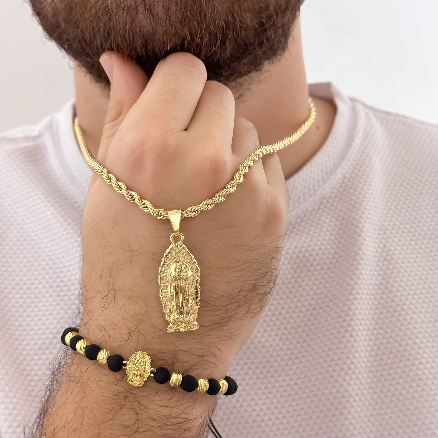 Cadena Tejido Lazo Siciliano de 60cm de 4mm + Virgen Guadalupe Tallada + Pulsera Virgen Guadalupe Tallada en Balin italiano de 5mm en Oro Laminado 18k con Garantia de por vida