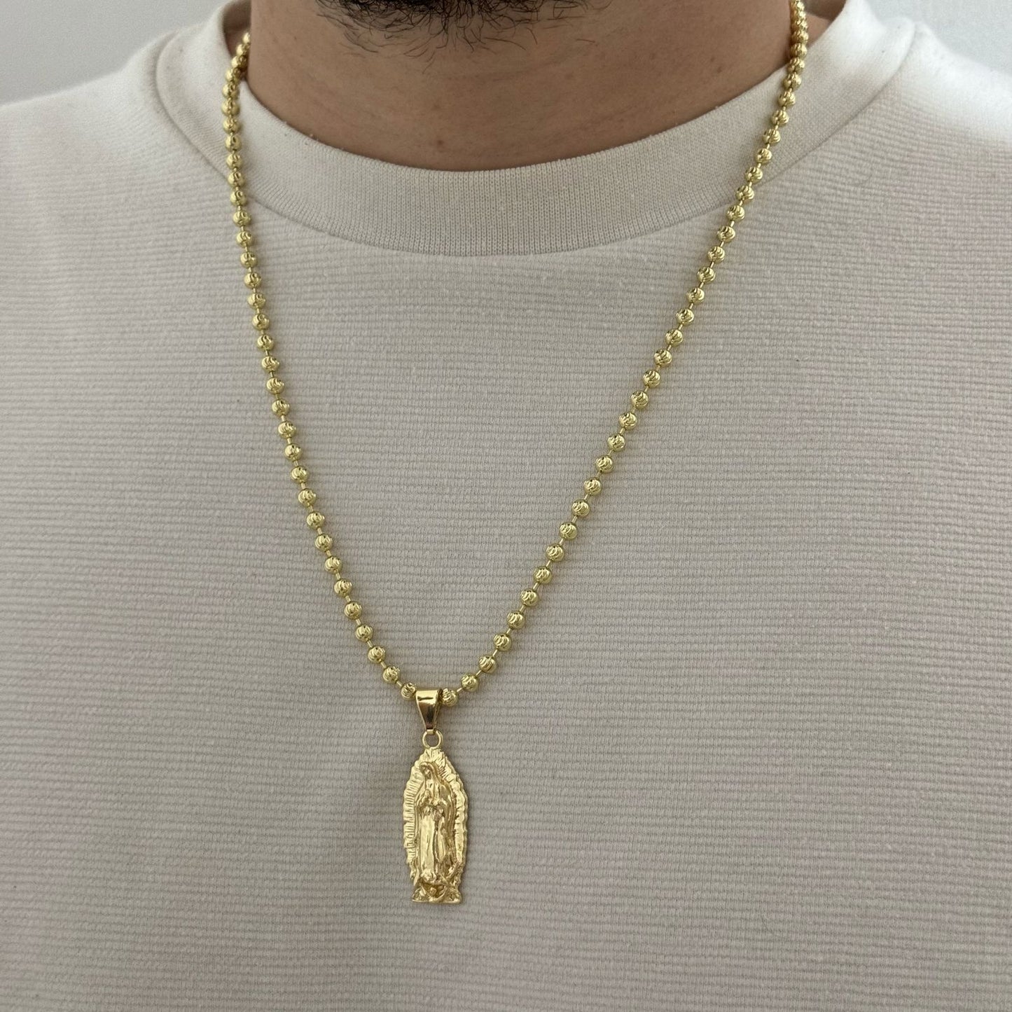 Cadena Tejido Militar Diamantada de 60cm de 4mm de Grosor + Virgen de Guadalupe Tallada en ORO DE 10K con Garantía de por vida