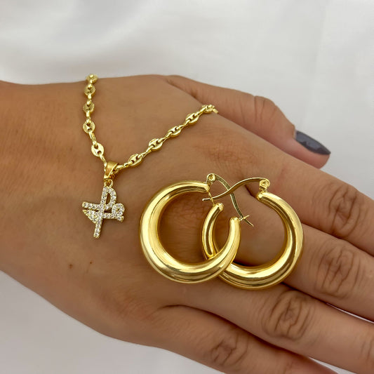 Conjunto De Dama Con Cadena De Tejido Gucci, Dije De Fe Y Candongas De 30mm + Envío Gratis