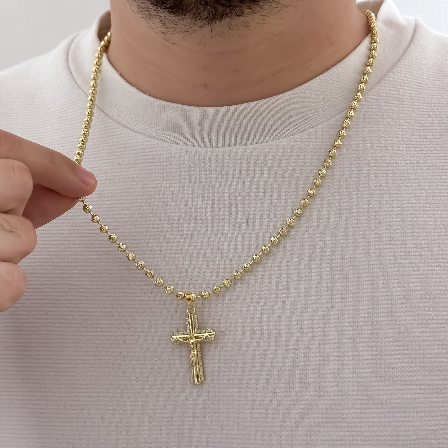 Cadena Tejido Militar Diamantada de 60cm de 4mm de Grosor en Balin Italiano + Cruz Cristo Madero con micro circones en Oro Laminado 18k con Garantía de por vida