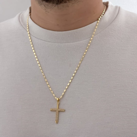 Cadena Tejido Escalera Con Destello de 60cm + Cruz Clavo con Micro circones en Oro de 10k  con Garantía de por vida