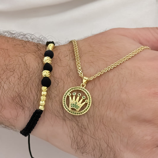 Juego de Cadena Tejido Chino de Hombre de 60cm de 3mm de Grosor + Dije de Corona Rolex con micro circones Verde + Pulseras Balin italiano de 4mm y 5mm en Oro de 10k con Garantía de por vida