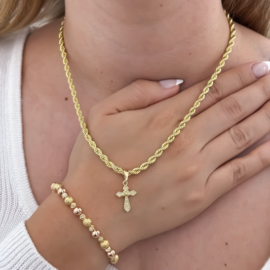 Cadena Tejido Lazo de Dama de 45cm + Cruz Trébol con micro circones + Pulseras  Balin italiano y Diamantado y Oro Rosa en Oro de 10k con Garantía de por vida