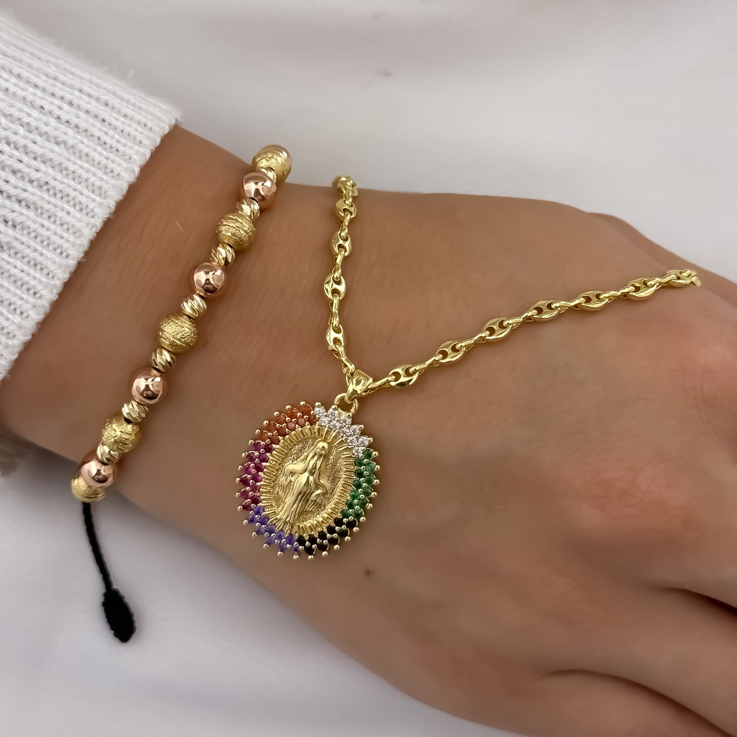 Cadena Tejido Gucci de Dama de 45cm de 3mm + Virgen Milagrosa con Circones de Colores + Pulsera Diamantada con Oro Rosa en ORO 10K con Garantía de por vida