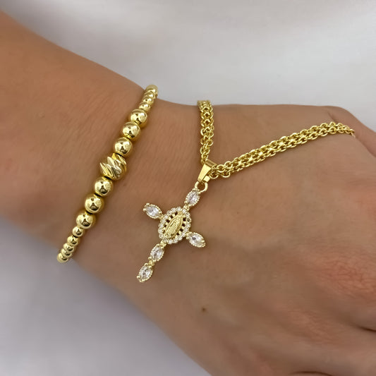 Cadena Tejido Chino de Dama + Cruz Virgen de Guadalupe  con Micro circones Blanco + Pulseras en balin de 4mm 5mm 6mm en Oro de 10k con Garantia de por vida tiene mismo color de Oro Macizo