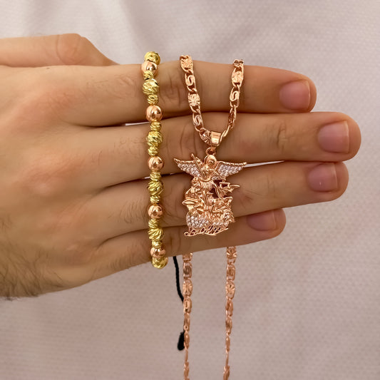 Cadena Tejido Caracol 60cm de 4mm + San Miguel Arcangel en Oro Rosa Laminado 18k + Pulsera Balin italiano de 5mm en Oro Ros con Garantia de por vida