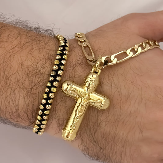 Cadena Tejido Catier de Hombre de 60cm de 5mm + Cruz Cristo Madero Protección + Pulsera Doble Carril en Balin italiano de 4mm en Oro Laminado 18k con Garantia de por vida