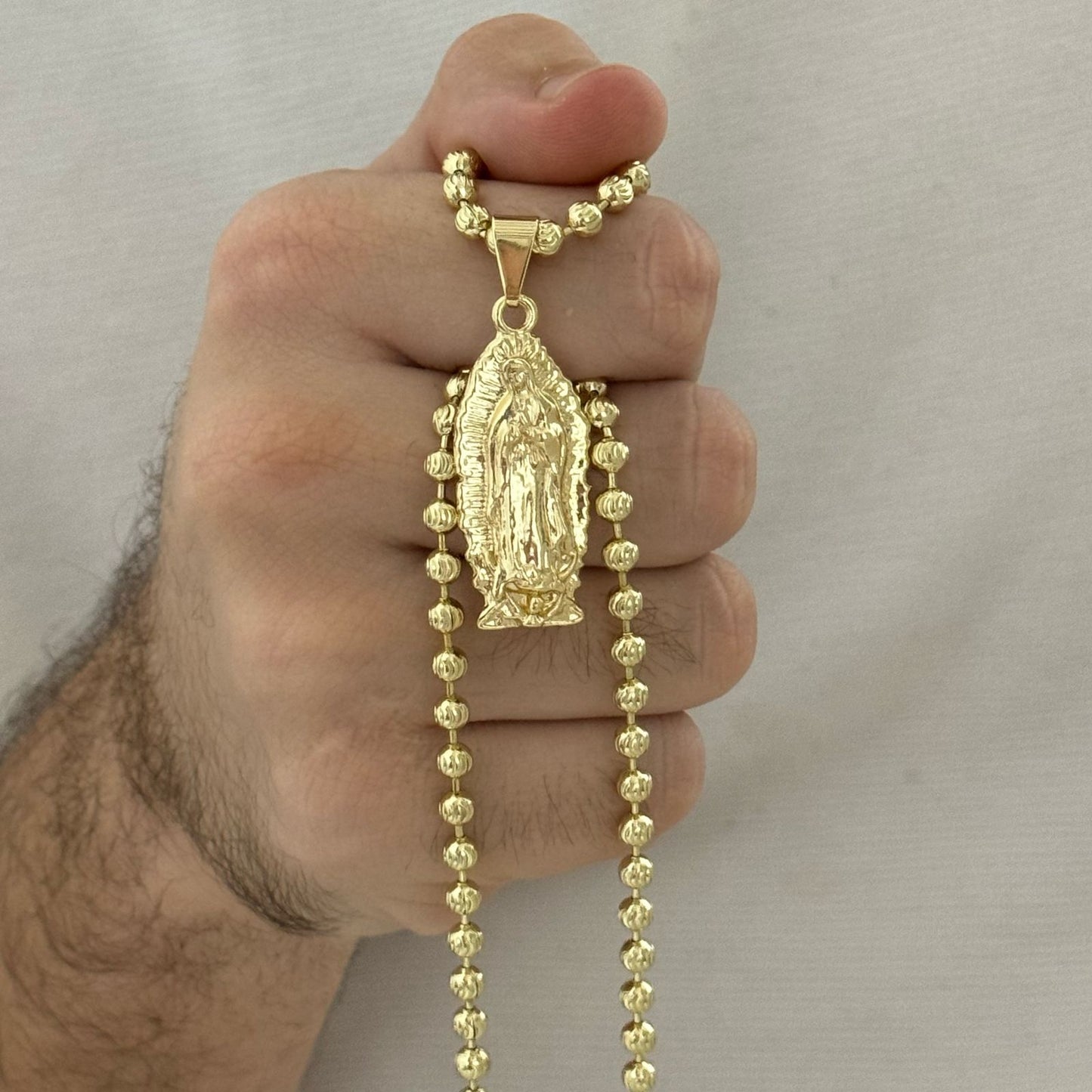 Cadena Tejido Militar Diamantada de 60cm de 4mm de Grosor + Virgen de Guadalupe Tallada en ORO DE 10K con Garantía de por vida