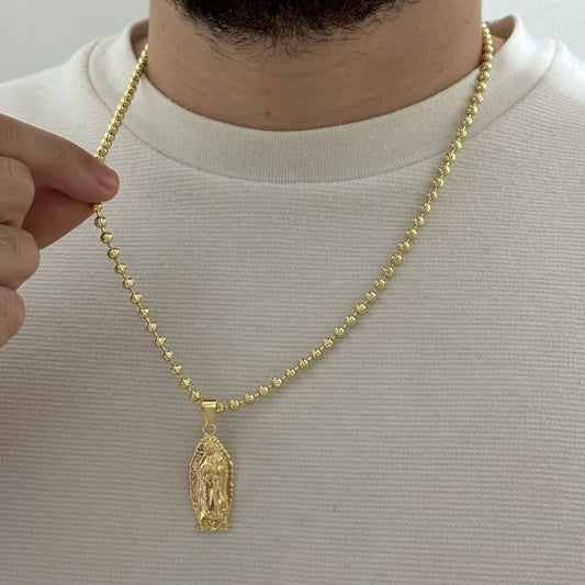 Cadena Tejido Militar Diamantada de 60cm de 4mm de Grosor + Virgen de Guadalupe Tallada en ORO DE 10K con Garantía de por vida
