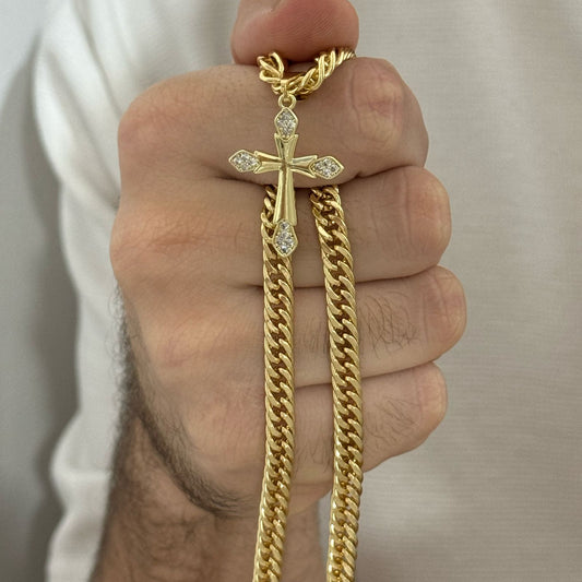 Cadena Cubana de Hombre  60cm de 5mm de Grosor + Cruz Trebol con Micro circones en Oro de 10k con Garantia de por vida